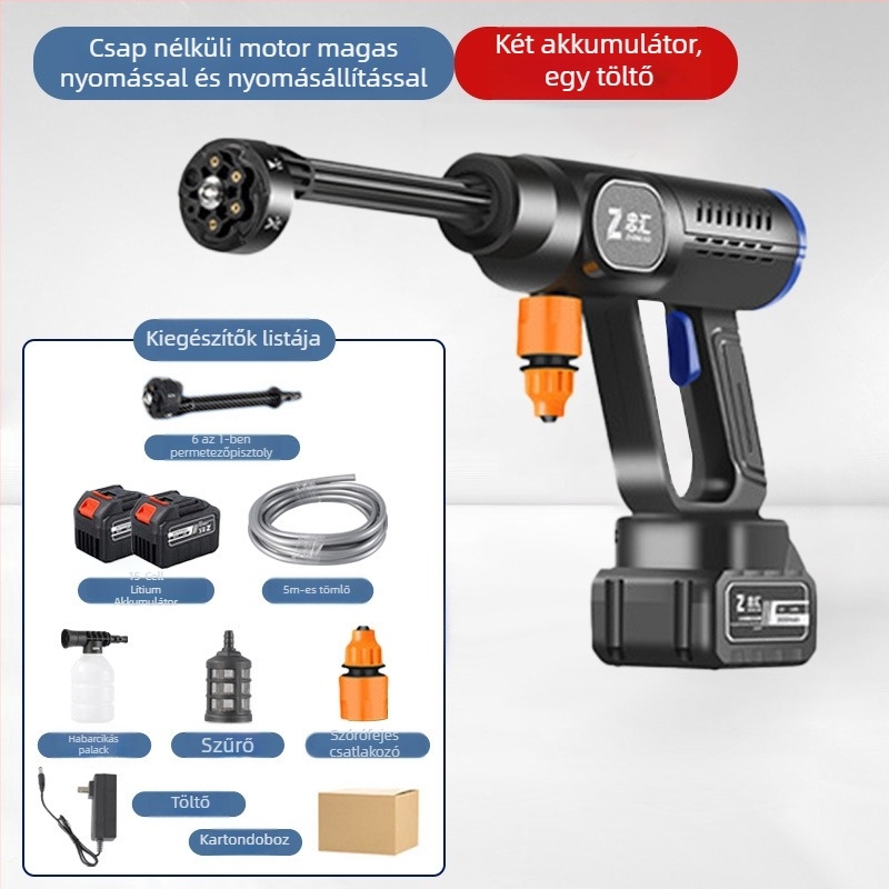 Vezeték nélküli magasnyomású autómosó pisztoly, kézi kivitel, újratölthető lítiumakkumulátor, brushless motor, 21 V, 30 bar, 20000 rpm