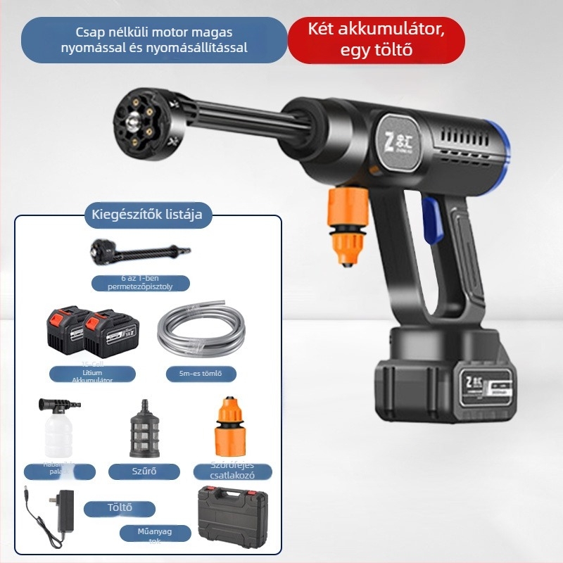 Vezeték nélküli magasnyomású autómosó pisztoly, kézi kivitel, újratölthető lítiumakkumulátor, brushless motor, 21 V, 30 bar, 20000 rpm