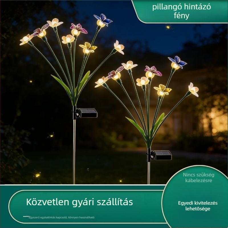 Kültéri napelemes pillangó LED világítás lengő dizájnnal, rozsdamentes acél talp, IP65 vízálló, 0,05 W teljesítmény, 6–12 órás működési idő, ROHS tanúsítvány