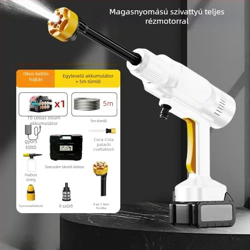 Akkumulátoros, hordozható magasnyomású vízpisztoly – szett autómosáshoz, mezőgazdasági öntözéshez és kerthez
