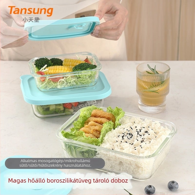 Boroszilikát üvegből készült ebédes doboz, téglalap alakú, mikrózható, hőálló, 800-1000 ml