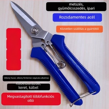 Villanyszerelő olló éles pengékkel, rézdrót és vaslemez vágására; magas keménységű rozsdamentes acél.