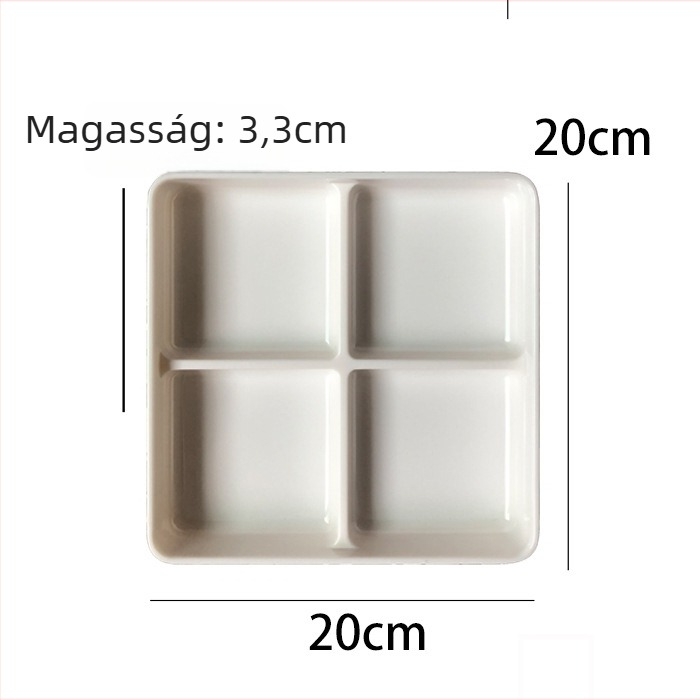 Melamin négyrészes snack tál, négyszögletes, modern minimál stílus; szállodai használatra, étkezésekhez, kávéhoz és teához.