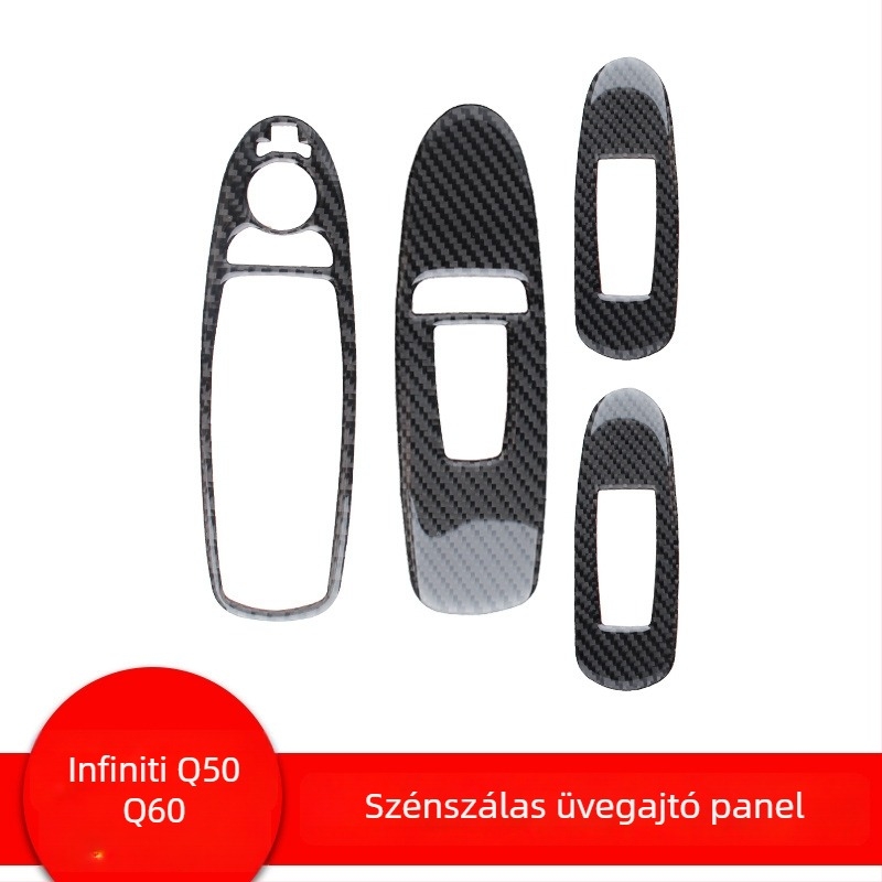 Infiniti Q50/Q60 belső karbon szálas emelőpanel matrica - valódi karbon szál, öntapadós hátlappal, logó nyomtatva, testreszabás elérhető