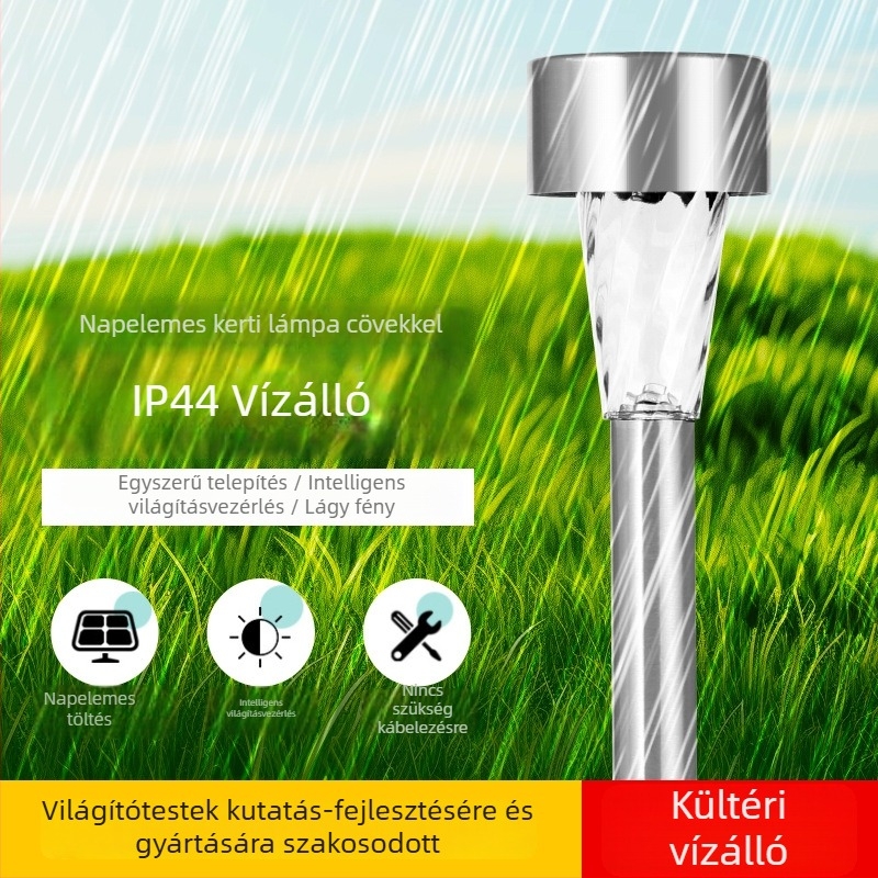 Napelemes gyeplámpa, kültéri kertvilágítás, földre szerelhető lámpa, rozsdamentes acél, IP44, több színű világítás