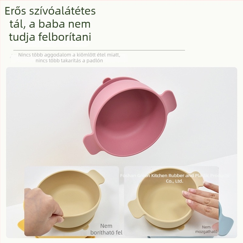 Szilikonból készült babatál szívóaljjal és dupla fogantyúval, biztonságos etetéshez