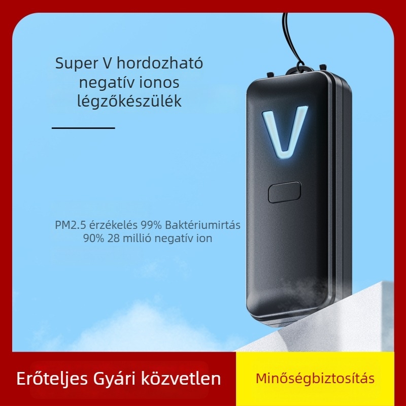 Viselhető nyak környezet légszűrő negatív ionokkal; USB tápellátás; csendes működés (<36 dB); légáram ≤50 m³/h; alkalmas helyiségekhez legfeljebb 10 m²; ionkibocsátás 28 millió/cm³.