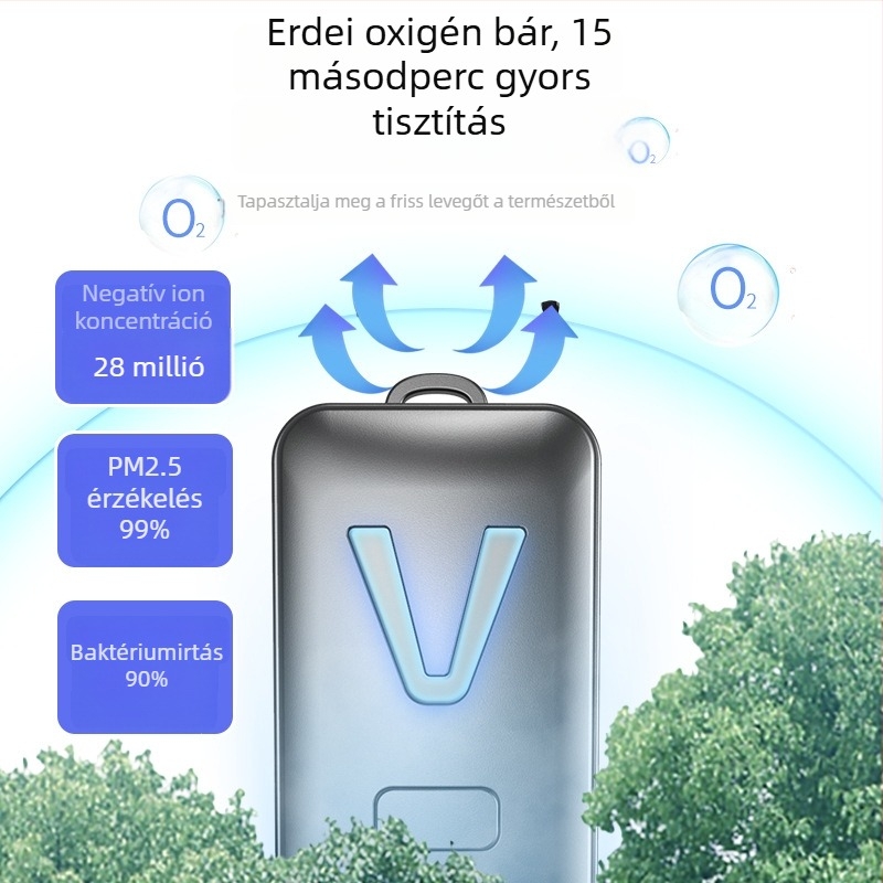 Viselhető nyak környezet légszűrő negatív ionokkal; USB tápellátás; csendes működés (<36 dB); légáram ≤50 m³/h; alkalmas helyiségekhez legfeljebb 10 m²; ionkibocsátás 28 millió/cm³.