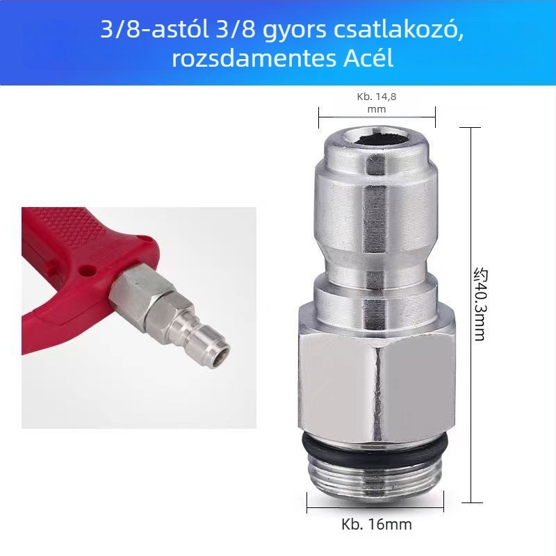 Rozsdamentes acél, 3/8 külső menet, gyorscsatlakozó adapter magasnyomású mosóhoz, modell 133, autómosó pisztoly kimenet