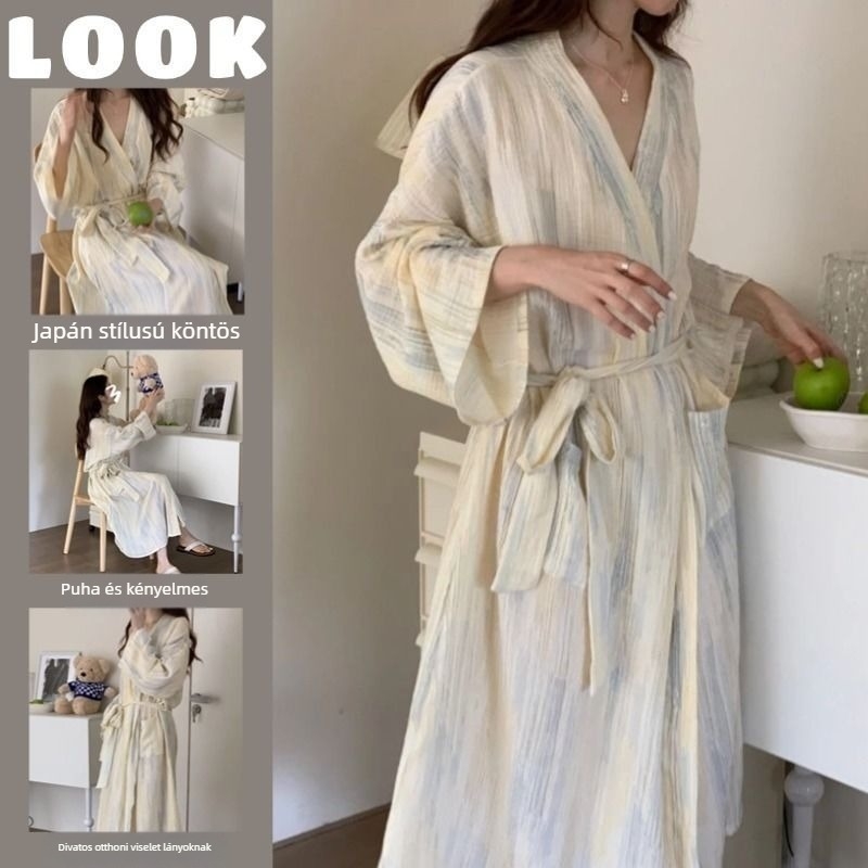Női japán stílusú köntös csíkos tie-dye mintával, laza szabású, övvel, tavasszal és ősszel