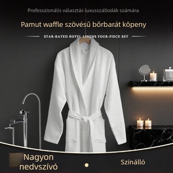 Szállodai fürdőköpeny 100% pamutból, hosszú waffel-textúra, zseb, 1200 g, varrásos kivitel, logó nyomtatás elérhető