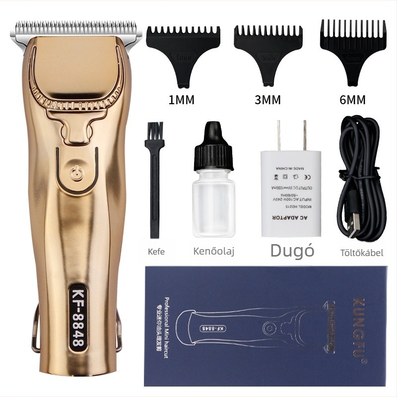 Acélgravírozott elektromos hajvágó szalonhasználatra, retro fade stílussal, professzionális trimming clipper