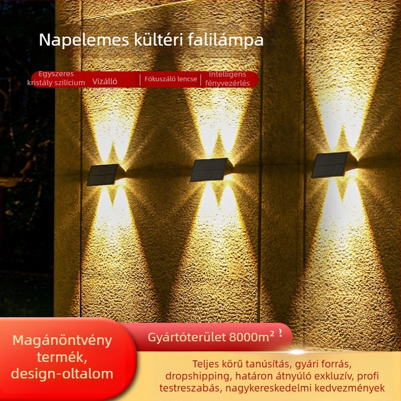 Napelemes kültéri falikar kerthez – LED falikar, modern dizájn, IP54