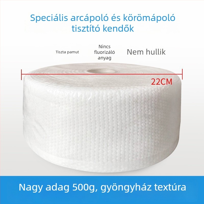 Nagy tekercses egyszer használatos pamut arctisztító törölközők (pamut, 500 g, egyszerű szövés, többszálú fonal, abszorpció 0–5 s)