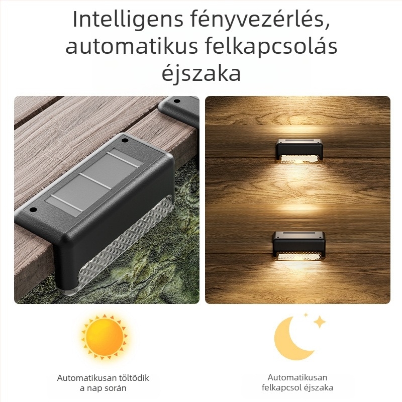 Napelemes kültéri lépcsőfény, IP65 vízálló, LED világítás, napelemes működés, indukációs kapcsoló, 6–12 órás működés
