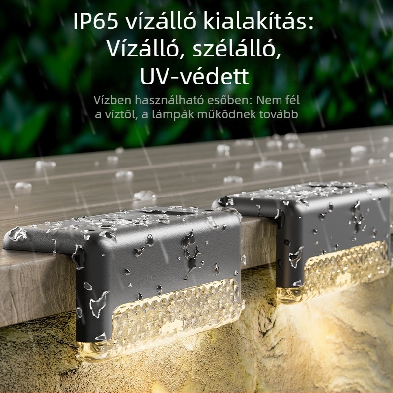 Napelemes kültéri lépcsőfény, IP65 vízálló, LED világítás, napelemes működés, indukációs kapcsoló, 6–12 órás működés