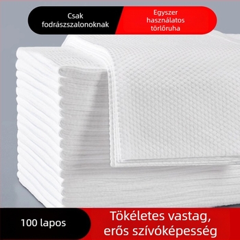 Egyszer használatos törölközők fodrász- és szépségszalonok számára — Anyag: regenerált cellulóz rostok; Fő összetevők: fa pulp rost; Vízfelvétel: 0–5 s; Gyártási folyamat: egyszerű szövés