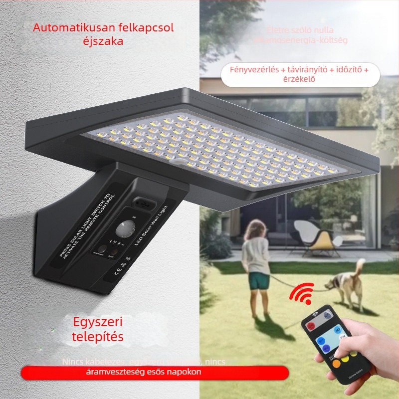 LED napelemes falikar kültéri, vízálló kertvilágítás távirányítóval