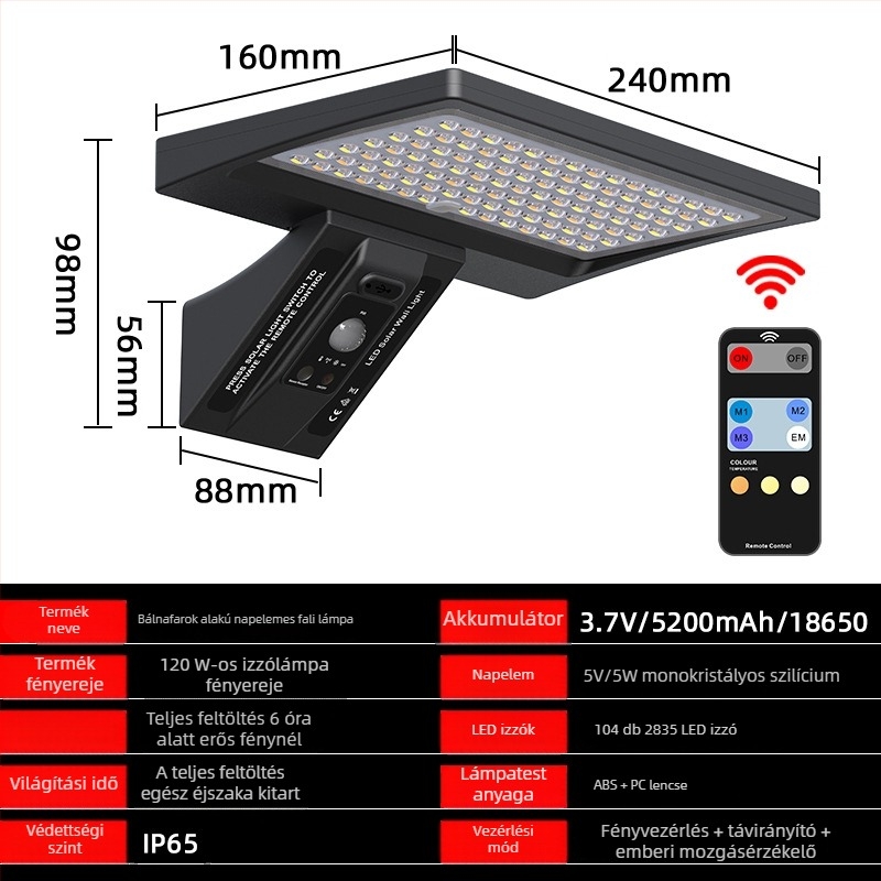 LED napelemes falikar kültéri, vízálló kertvilágítás távirányítóval