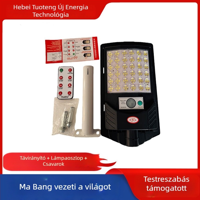 Családi napelemes integrált közvilágítási lámpa udvarra, LED szenzoros kültéri világítás, IP65, 100–800W, távirányítás, 8–10 év