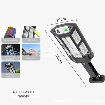 Napelemes mozgásérzékelős falikar távirányítóval, IP65 vízálló LED lámpa, 30W, üzemidő 6–12 óra