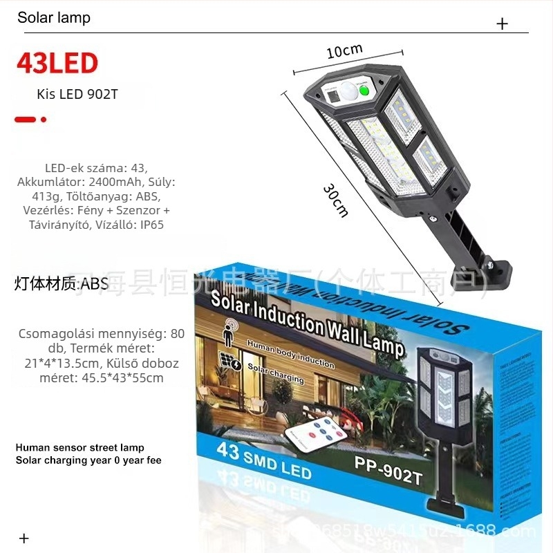 Napelemes mozgásérzékelős falikar távirányítóval, IP65 vízálló LED lámpa, 30W, üzemidő 6–12 óra