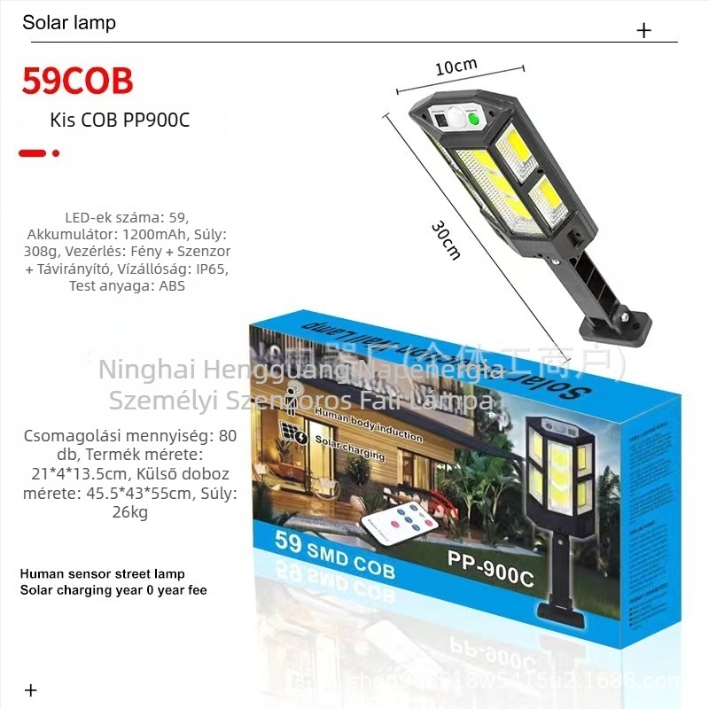 Napelemes mozgásérzékelős falikar távirányítóval, IP65 vízálló LED lámpa, 30W, üzemidő 6–12 óra