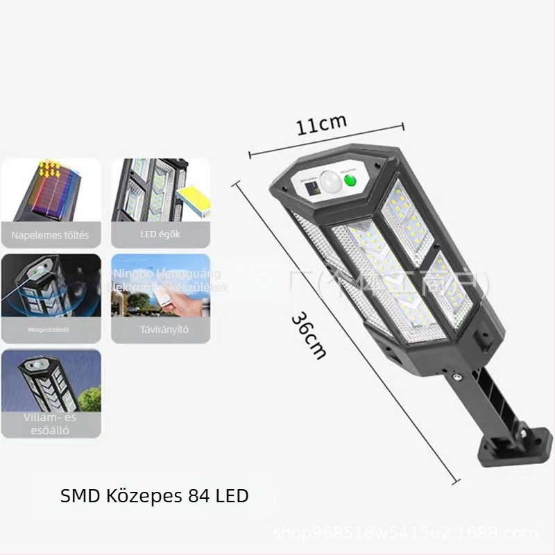 Napelemes mozgásérzékelős falikar távirányítóval, IP65 vízálló LED lámpa, 30W, üzemidő 6–12 óra