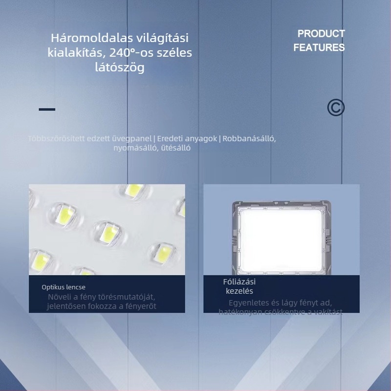 Kültéri napelemes fénysugár három oldalú megvilágítással, IP66, 30W, 5V, 12–16 órás üzemidő