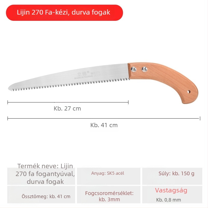 Kerti kézi fűrész háromoldalú fogazattal, egyenes pengével, Lijin márka, penge szélessége 3
