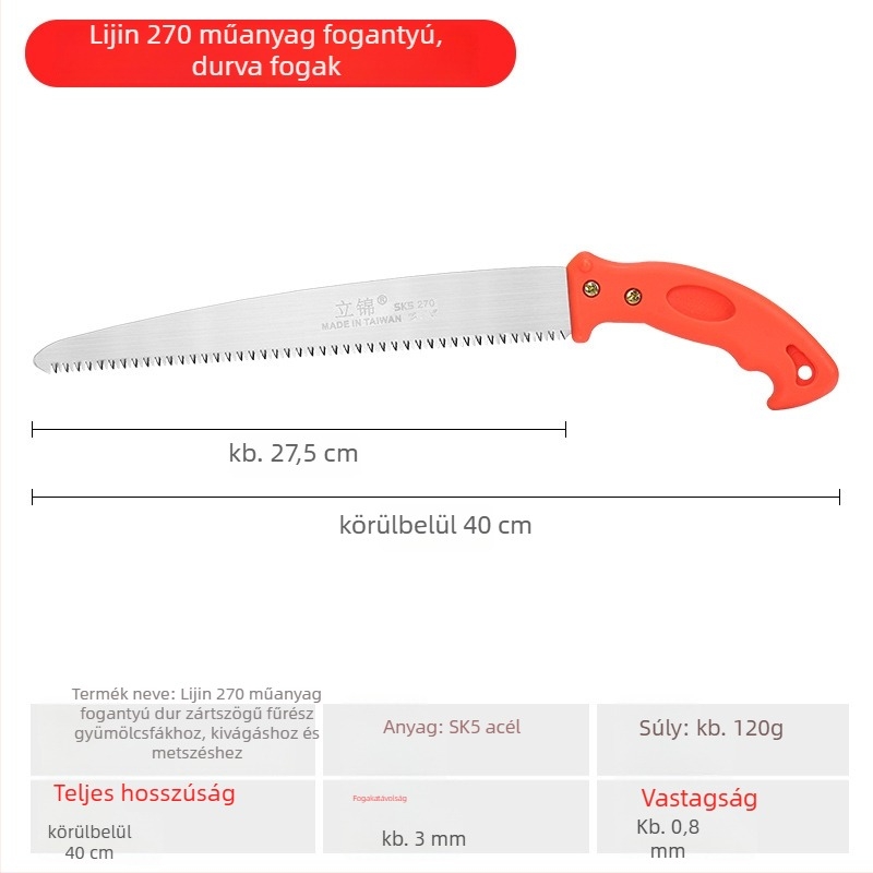 Kerti kézi fűrész háromoldalú fogazattal, egyenes pengével, Lijin márka, penge szélessége 3