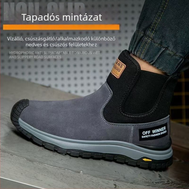 Szigetelt hegesztővédő csizma, anti-ütés és anti-penetráció, slip-on magas szárú, acél orr, tehén velúr bőr, könnyű és kényelmes
