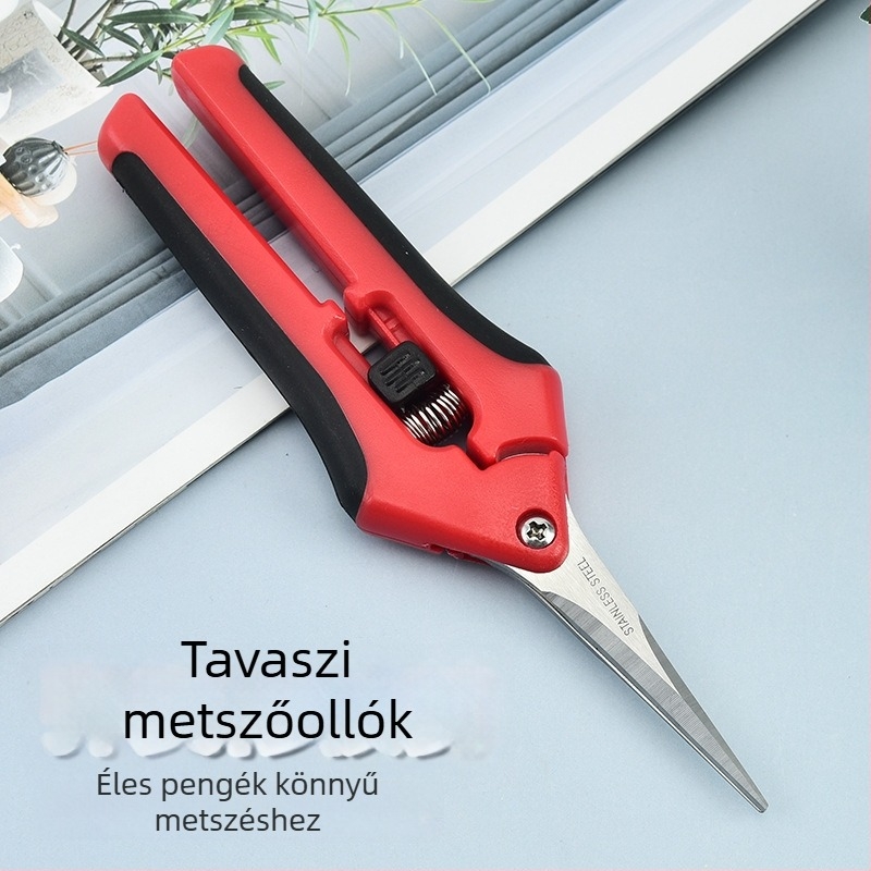 Metszőolló rugós, hegyes végű – gyümölcs- és szőlőmetszéshez, egyenes és görbült pengével