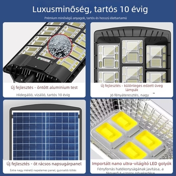 Integrált napelemes közvilágítás LED fehér fénnyel | 100W, IP65, 16–24 óra működés, induktív érzékelő kapcsoló