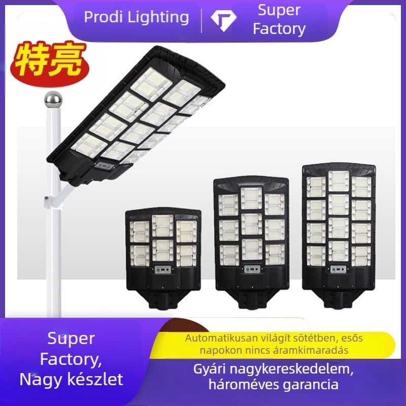 Integrált napelemes közvilágítás LED fehér fénnyel | 100W, IP65, 16–24 óra működés, induktív érzékelő kapcsoló