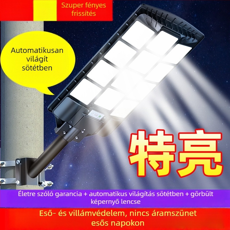 Integrált napelemes közvilágítás LED fehér fénnyel | 100W, IP65, 16–24 óra működés, induktív érzékelő kapcsoló