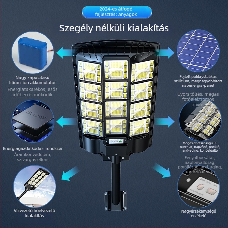 Integrált napelemes közvilágítás LED fehér fénnyel | 100W, IP65, 16–24 óra működés, induktív érzékelő kapcsoló