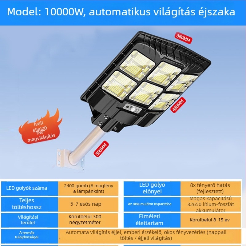 Integrált napelemes közvilágítás LED fehér fénnyel | 100W, IP65, 16–24 óra működés, induktív érzékelő kapcsoló