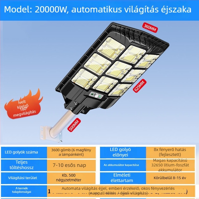 Integrált napelemes közvilágítás LED fehér fénnyel | 100W, IP65, 16–24 óra működés, induktív érzékelő kapcsoló