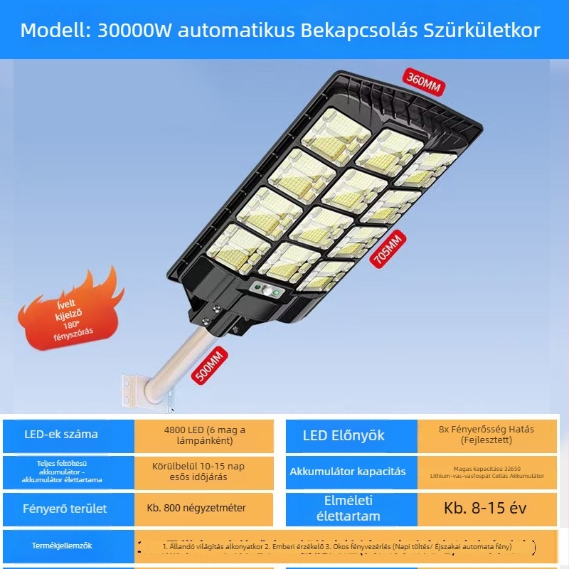 Integrált napelemes közvilágítás LED fehér fénnyel | 100W, IP65, 16–24 óra működés, induktív érzékelő kapcsoló