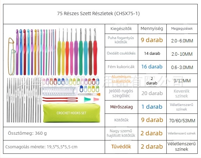 SUMT 75 darabos horgolókészlet puha fogantyúval, kézműves DIY kötéshez