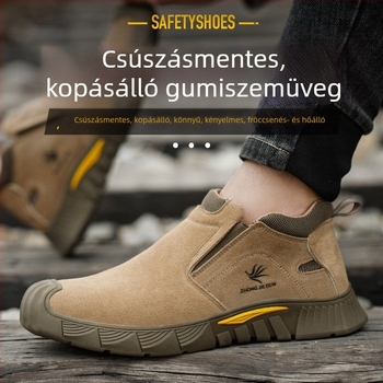 Biztonsági munkacipő, alacsony bokával; velúr marhabőr; acél orrtővédő; ütésálló, áthatolás- és égés elleni védelem.