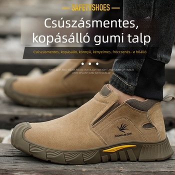 Biztonsági munkacipő, alacsony bokával; velúr marhabőr; acél orrtővédő; ütésálló, áthatolás- és égés elleni védelem.