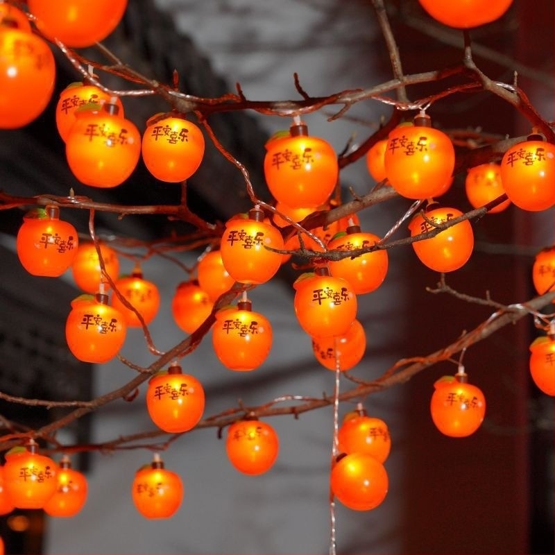 Napsugár-energiájú persimmon formájú fényfüzér – mini lámpások a New Year hangulatához, kert, faágra akasztható beltéri dekoráció