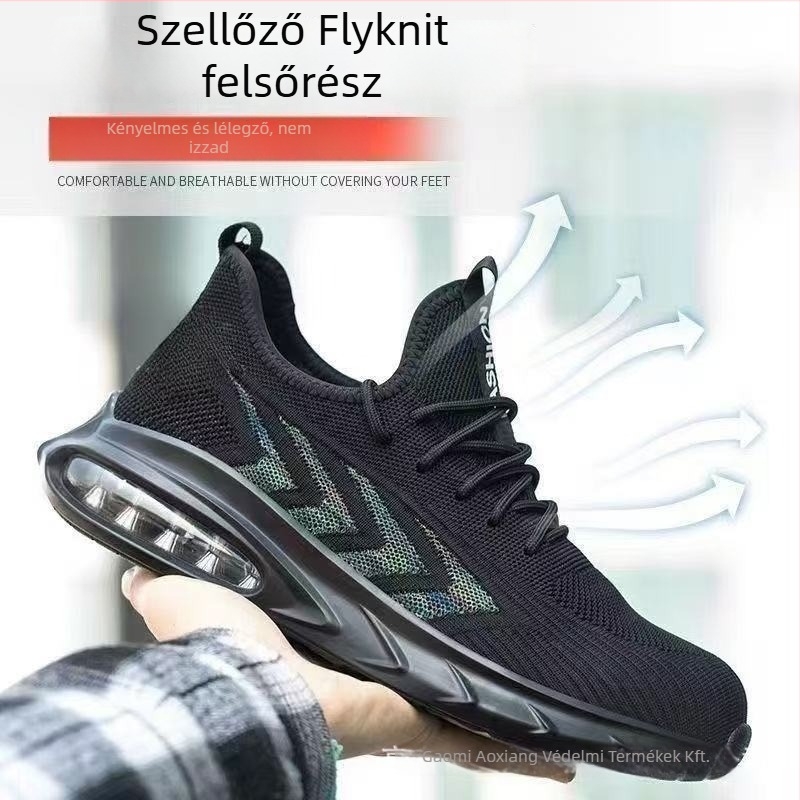 Nyári munkacipő, lélegző Flyknit felsőrész, acél orr, ütés- és perforáció elleni védelem, könnyű, kopásálló