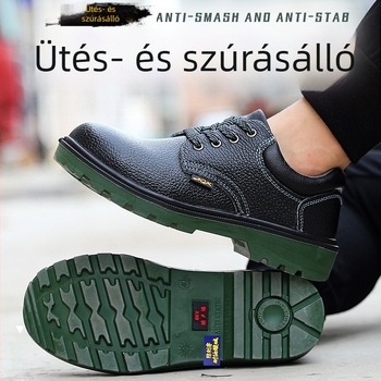 Poliuretánból készült acélbetétes védőcipő nőknek és férfiaknak, alacsony fazon, valódi bőr, zöld talp, négy évszakos munkavédelmi cipő, ütés- és átütés elleni védelem