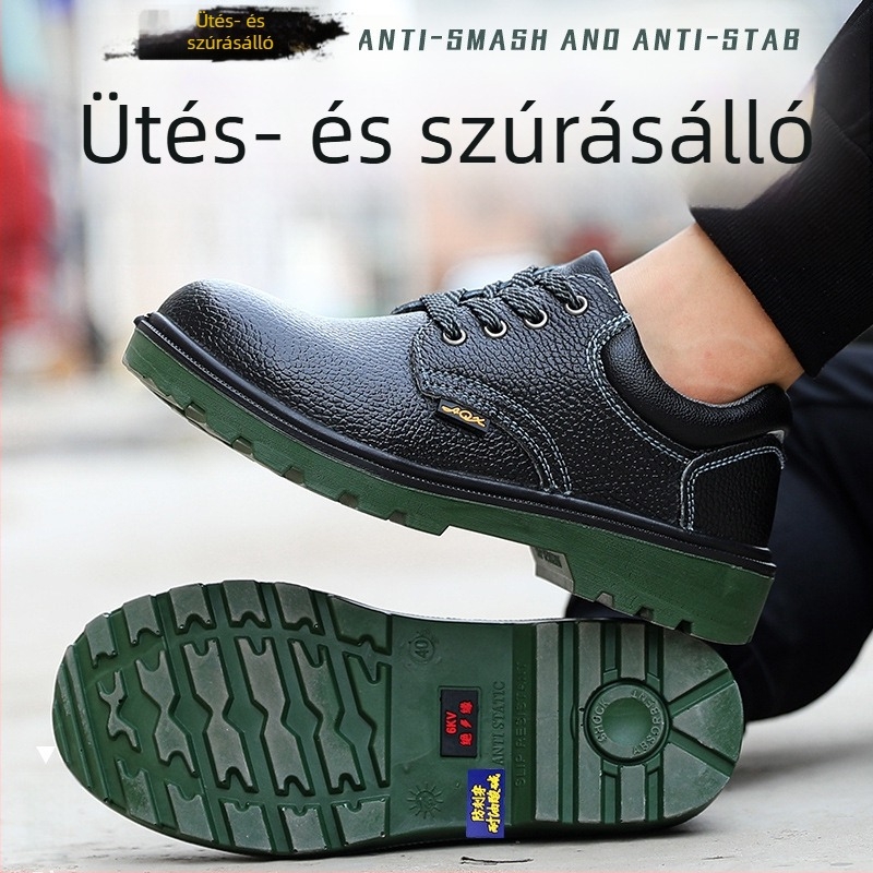 Poliuretánból készült acélbetétes védőcipő nőknek és férfiaknak, alacsony fazon, valódi bőr, zöld talp, négy évszakos munkavédelmi cipő, ütés- és átütés elleni védelem
