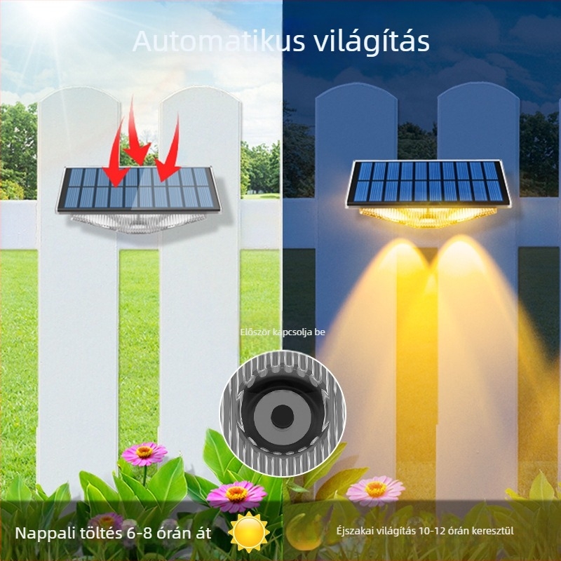 Napenergiás falikar kültéri használatra – falmosó világítás, IP65 vízálló, LED-diódák, modell Ts-G0702, 6–12 órás folyamatos világítás