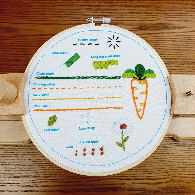 DIY hímzőkészlet 10 alapvető öltés gyakorlására pamutvásznon virág, fű és levél mintákkal; keresztszemes hímzés; testreszabható dizájn
