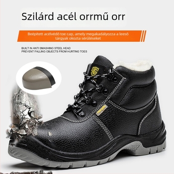 Gravírozott marhabőr védőcipő téli fleece bélés, középmagas felsőrész, acél orr, ütésálló és áthatolás elleni védelem